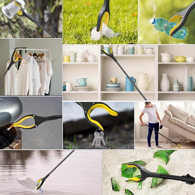 59 Inch Extra Long Grabber Reacher Tool，Pick Up Stick for Seniors with Strong Grip Magnetic，360°Rotating Anti-Slip Jaw 4" Wide Claw Opening,Hand Grabber for Reaching (YellowBlack, 59INCH)