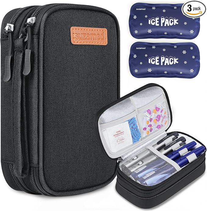 suzamed Insulin Cooler Travel Case, Double Layer Medicine Kit Diabetes Travel Case, Portable Medicine Organizer with 2Pack 150g Ice Pack TSA Approved for Insulin Pens Diabetic Supplies (Black)