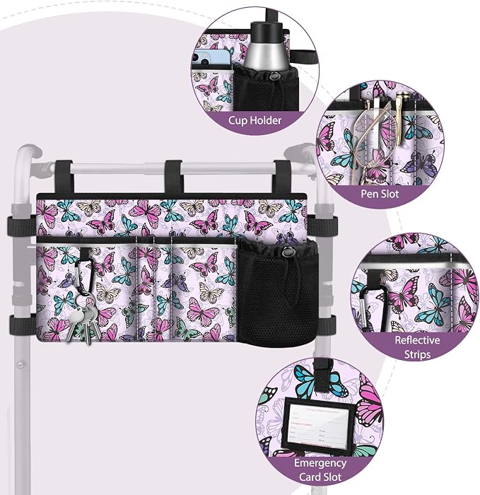 FINPAC Large Walker Tote Bag w/Cup Holder, Folding Walker Attachment Pouch | Water-resistant Polyester, Organized Pockets, Reflective Strip, Mobility Aid Storage Basket for Seniors, Butterfly
