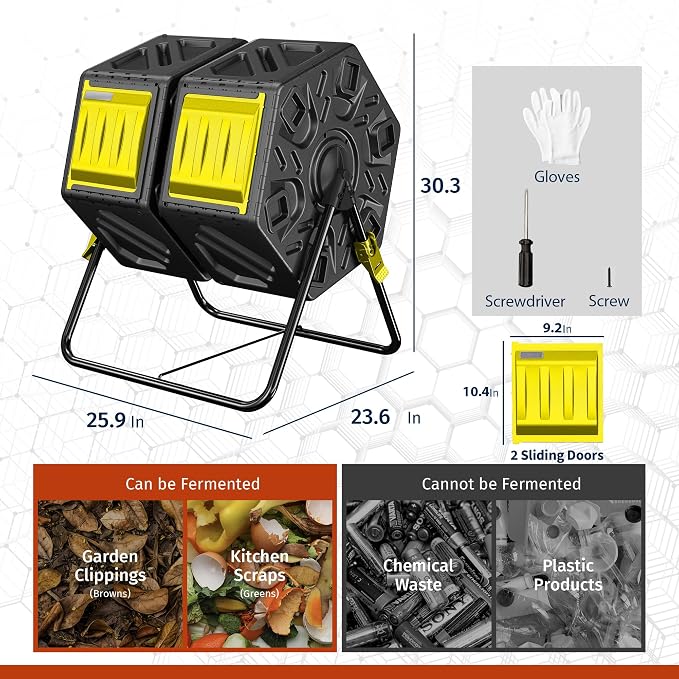 Compost Bin, 37-Gal Dual Chamber Composter Tumbler, Black Yellow | Steel Frame with 2 Sliding Door and Aeration System, 360° Rotating, Tumbling Composting Bin for Kitchen, Garden, Yard