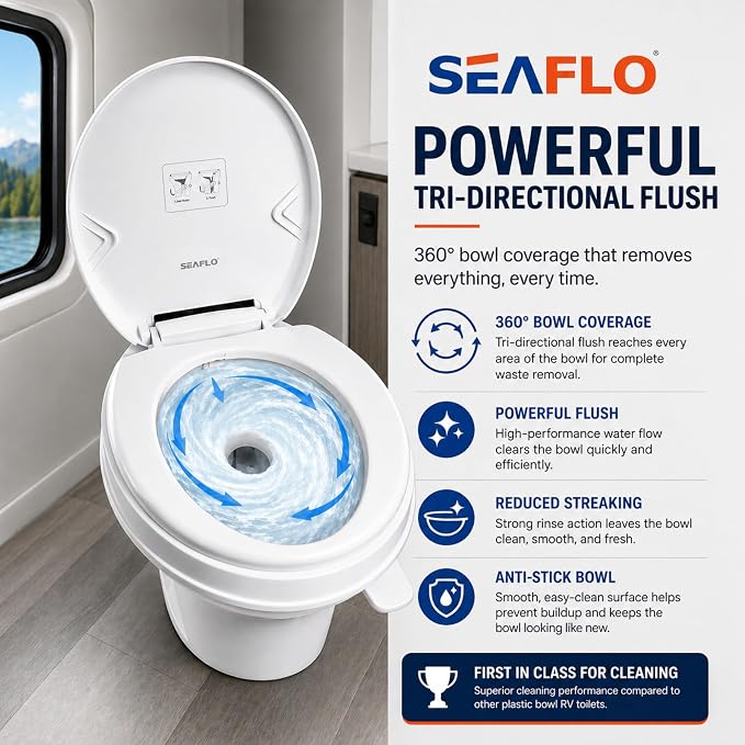 SEAFLO RV Toilet – 18.4" Residential Height, Gravity Flush Foot Pedal, 4-Year Warranty, Fits Most RVs (9.5" Rough-In), Soft Close Seat, 2-Bolt Mount, for Camper Travel Trailer Motorhome SFRTPH-01-01