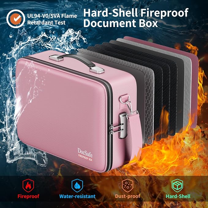 DocSafe Fireproof Document Box Hard Case with Lock ＆ Accordion File Folder | Fire and Water Resistant Safe Box,File Organizer,Multi-Pocket,Home Office Travel Storage for Important Document,Laptop,Pink