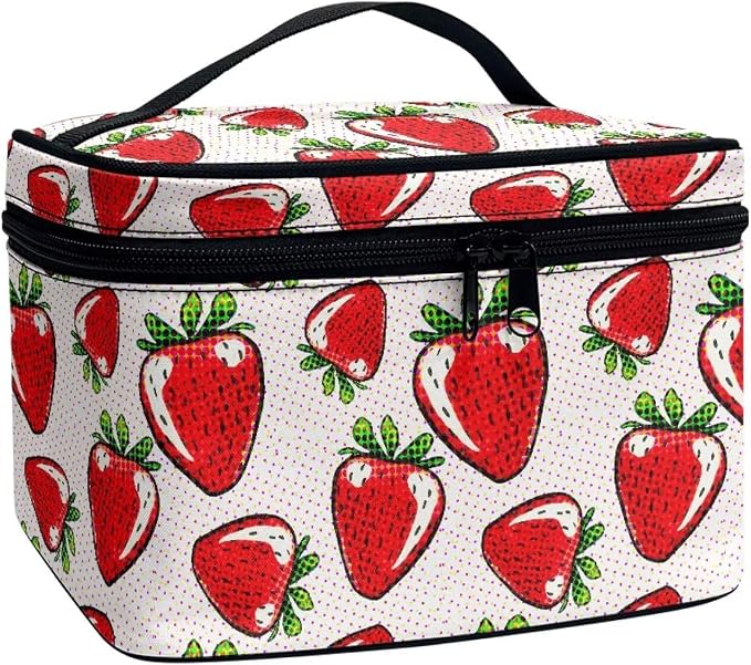 Red Strawberry Travel Toiletry Bag Kit Makeup Case for Women, Polka Dot Fruit Strawberries Dopp Kit Zipper Cosmetic Organizer Brush Holder Makeup Bag