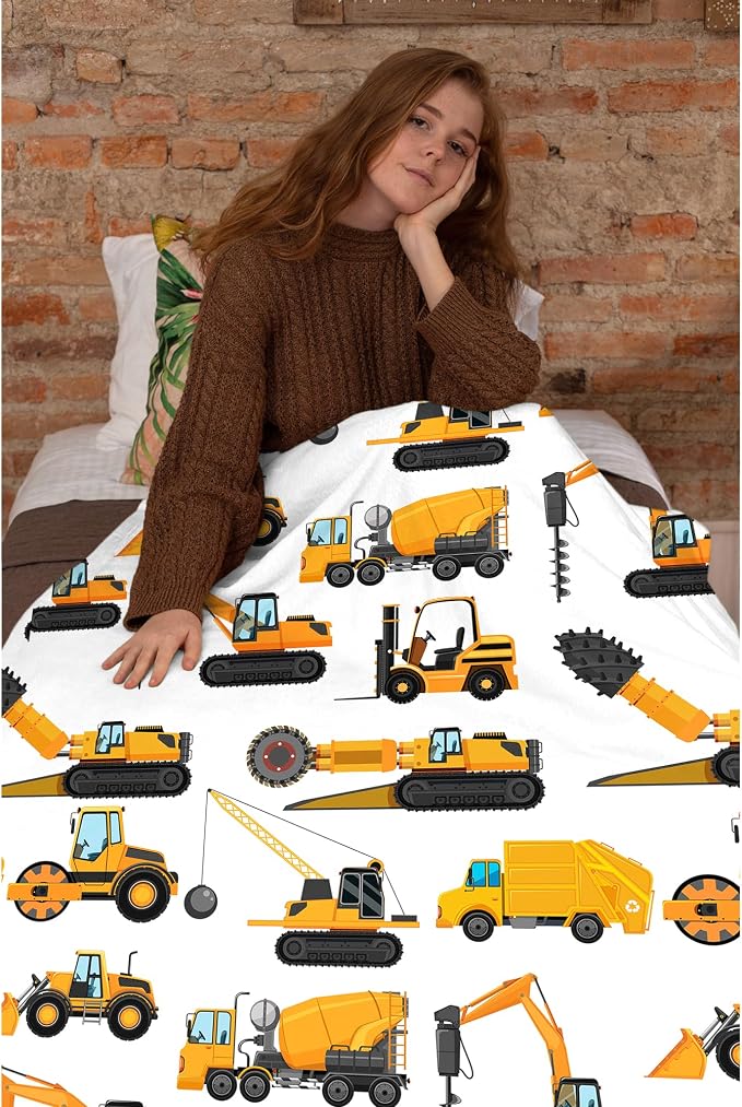 Excavators Construction Blanket Gifts for Yellow Trucks Lover 60 x 50 Inch for Teen,Excavators Trucks Fannel Fleece Throw Blanket Super Soft Throws Blanket for Bed Couch Sofa