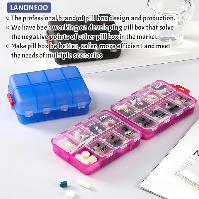 Foldable Weekly Pill Organizer 2 Times a Day with 2 Extra Compartments (Clear Printed Labels) - 7 Day AM PM Medicine Box, Week Daily Travel Pill Case Holder for Vitamin, Supplement - Clear Blue