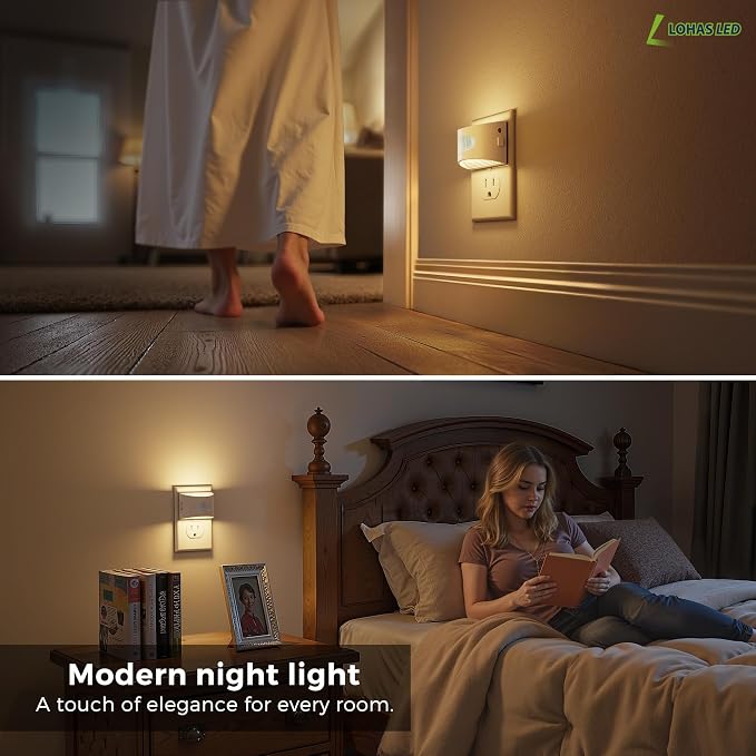 L LOHAS LED Motion Sensor Night Light, Night Lights Plug into Wall, 4 Pack | Nightlight with Dusk to Dawn & Motion Detection Sensor, 30-100Lm Adjustable Brightness, 3000K Warm White, White Housing