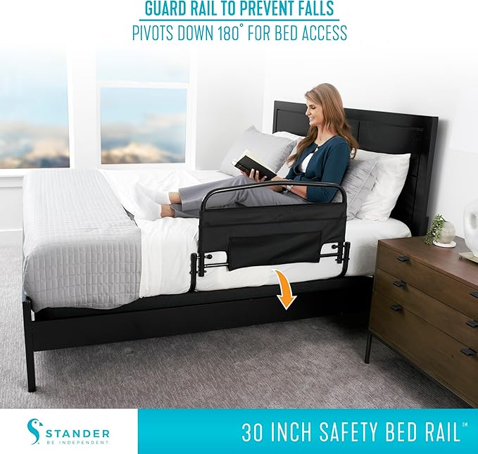 Stander 30inch Safety Bed Rail with Padded Pouch, Folding Guardrail for Adults, Seniors, and Elderly, Bedside Stand Assist Bar, Fits King, Queen, Full, and Twin Beds, ASTM Safety Approved Bedrail