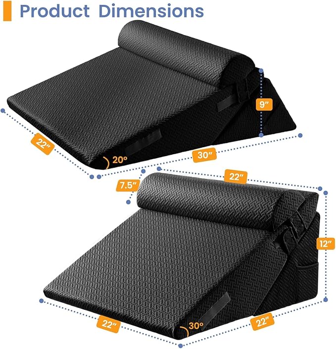 Sasttie Wedge Pillow Set for After Surgery, 2PCS Adjustable Bed Wedge Pillow Headboard with Memory Foam Neck Cushion – for Acid Reflux, Sleeping, Neck & Back Support, Black