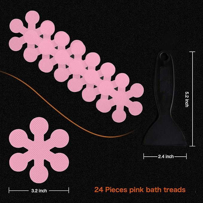 Bathtub Stickers Non-Slip, 24 PCS Safety Shower Treads Adhesive Appliques with Premium Scraper (Pink)