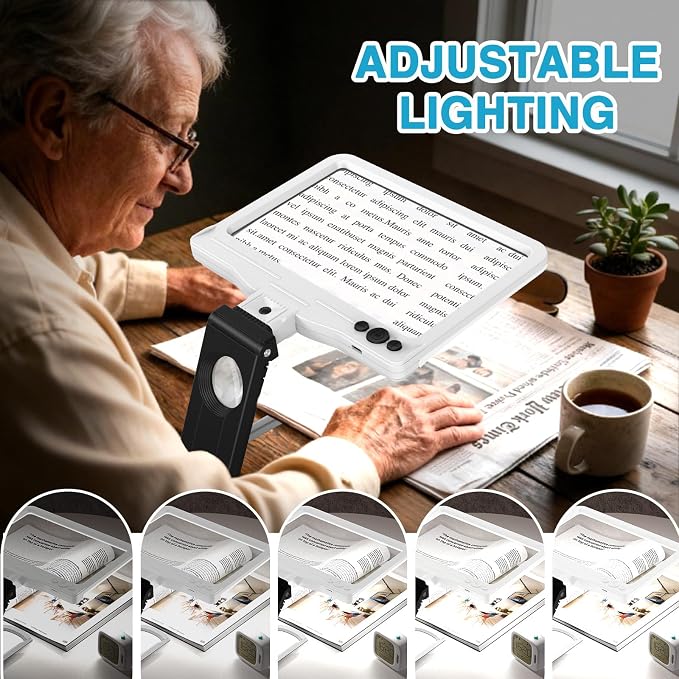 30X 6X Rechargeable Magnifying Glass for Reading, Large Full Page Magnifier with Folding Stand, 3 Color Light Modes, Dimmable LED Lighted, Hands Free Book Magnifier for Low Vision Seniors, White-Black