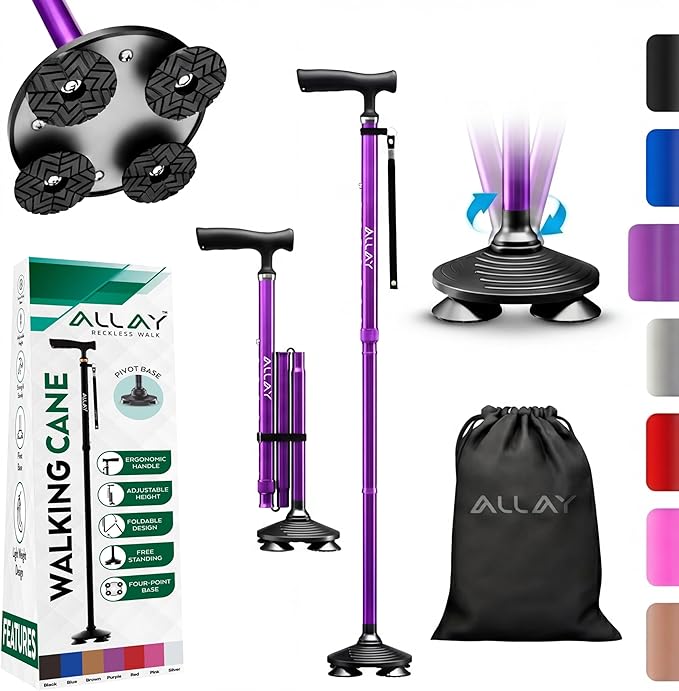 Allay Walking Canes for Men & Women - Adjustable Canes for Women for Stability, Self Standing Wide Quad Pivot Base, Light Weight, Soft Handle Grip and Travel Bag, Walking Sticks for Seniors