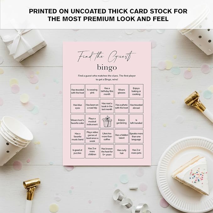Find The Guest Bingo Cards – 25 Unique Cards, Icebreaker Party Games for Adults, Rustic Blush Pink Mingle Activity for Birthday Parties, Family Reunions, Office Events & Friendsgiving