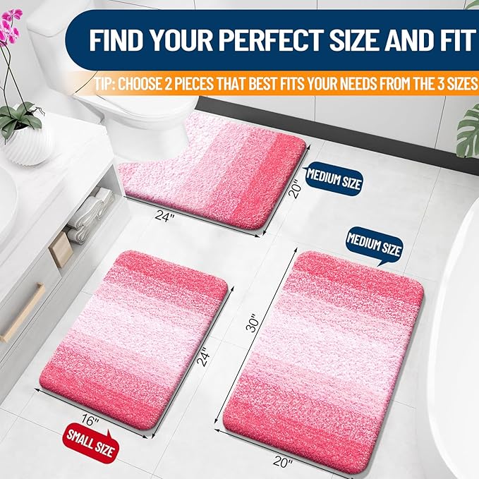 OLANLY Bathroom Rug Set 2 Piece, Soft Absorbent Microfiber Bath Mats and U-Shaped Contour Toilet Rug, Non-Slip, Machine Wash Dry, Plush Shaggy Bath Mats for Bathroom (24"x16"+U24 x20, Pink)