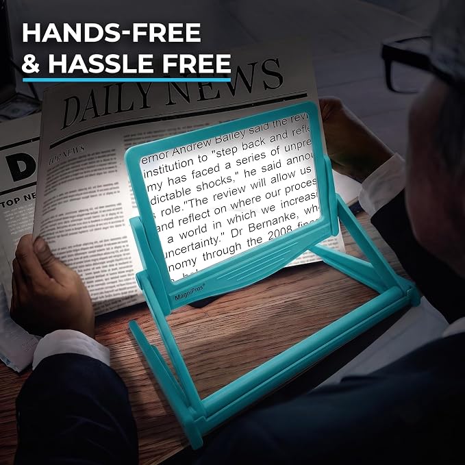 MAGNIPROS 5X Rechargeable LED Page Magnifier with Foldable Stand, Hands-Free Lighted Magnifier with 3 Color Modes, Anti-Glare Lens for Reading Small Print, Low Vision, Seniors, Crafts