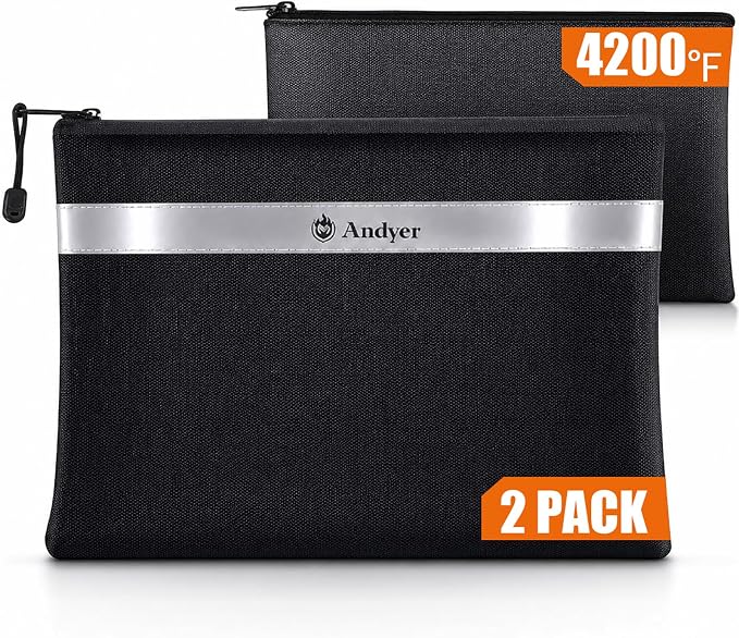 Andyer Fireproof Money Bag for Cash, 2 Pack Fire Proof Bag for Documents | 13.4"x10" and 11"x6" Fireproof Document Bag with Reflective Strip, Waterproof Document Pouch for Important Papers, Passports