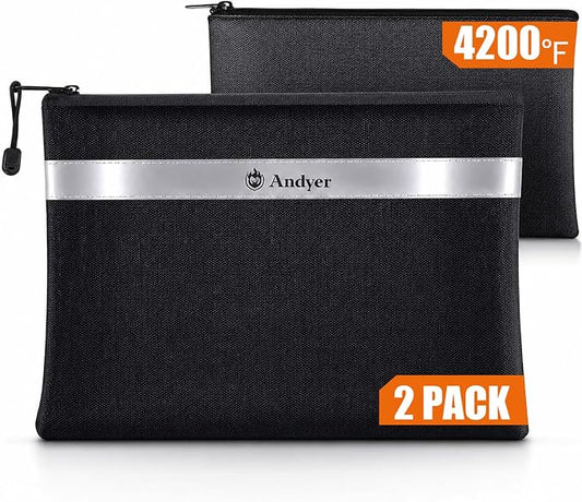 Andyer Fireproof Money Bag for Cash, 2 Pack Fire Proof Bag for Documents | 13.4"x10" and 11"x6" Fireproof Document Bag with Reflective Strip, Waterproof Document Pouch for Important Papers, Passports