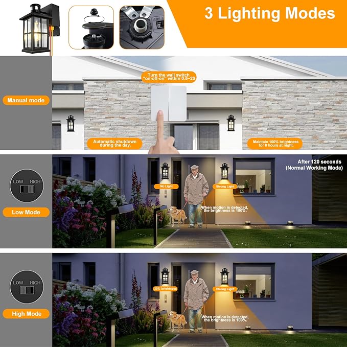 Motion Sensor Porch Lights with GFCI Outlet, Outside Dusk to Dawn Wall Mount, 3 Lighting Modes Exterior Light Fixture Waterproof, Outside Wall Lamp for House Patio Garage.(Black,1 Pack)