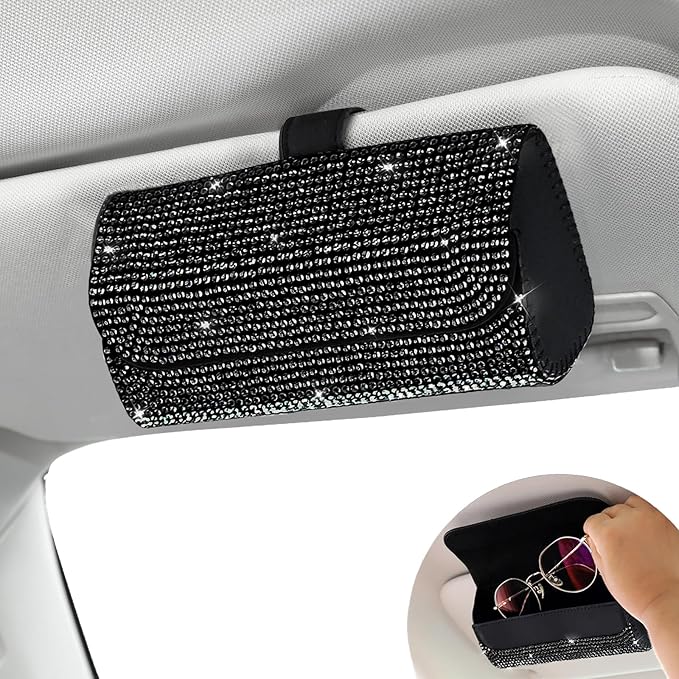 Accmor Bling Sunglasses Holder for Car Sun Visor 2 Pack, PU Leather Auto Glasses Storage Case Eyeglasses Organizer Protective Box Sparkling Crystal Car Accessories for Truck, SUV, RV (Black)