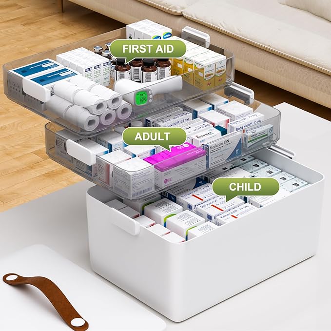 JOYBOS 3-Tier Medicine Storage Box Cabinet, Empty First Aid Kit Portable Medical Supply Organizer with Leather Handle for Home 3-Tier Medicine Storage Box