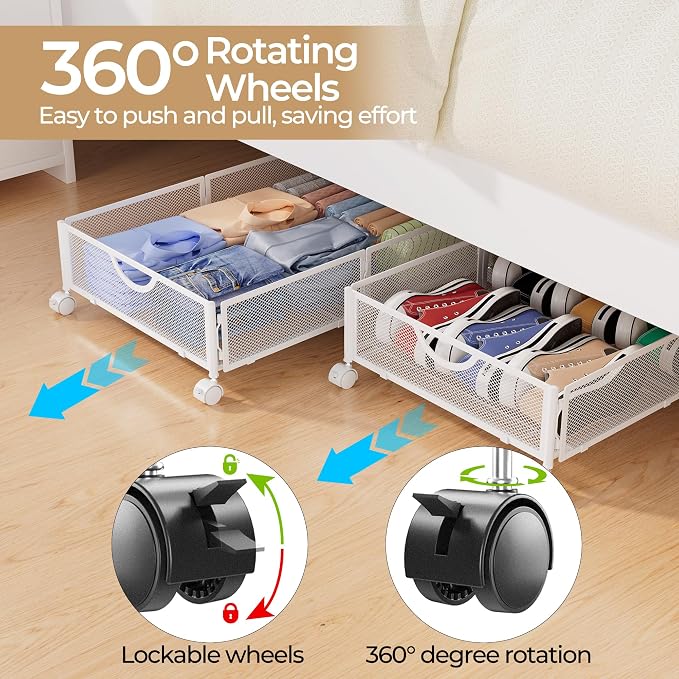 Yecaye Under Bed Storage with Wheels, 2 Pack Under Bed Shoe Storage Organizer Drawer, Tool-free Assembly Metal Underbed Storage Containers for Clothes, Shoes, White
