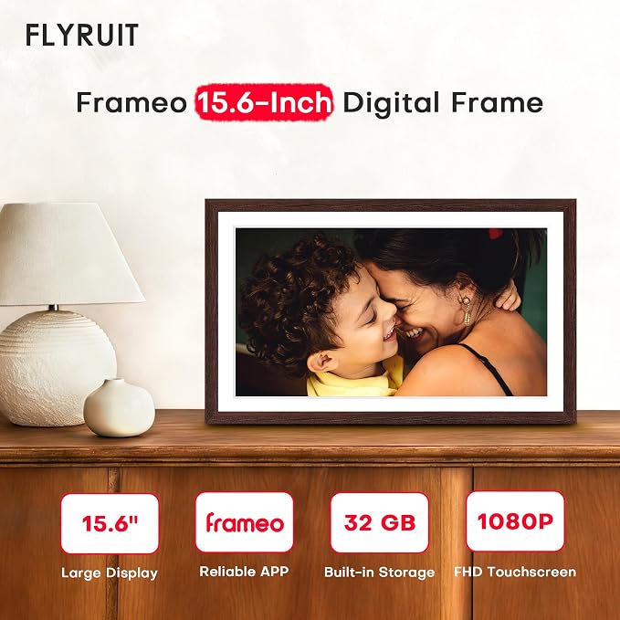 Frameo 15.6 inch Digital Picture Frame WiFi Wood, 1920 * 1080 IPS FHD Touchscreen Large Digital Photo Frame, 32GB Storage, Instant Share Photo Video, Wall-Mountable & Tabletop Display, Gift for Mom