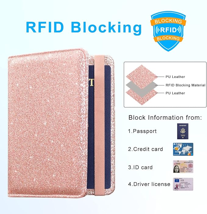 ACdream Passport Holder Cover, Leather Travel Wallet Case, RFID Blocking Document Organizer Protecrtor, with Slots for Credit Cards, Boarding Pass, for Women and Men, Glitter Rose Gold
