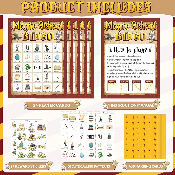 39Pcs Magic School Theme Party Bingo Game for Adults 24 Players Magical Witch Owl Bingo Cards with Reward Stickers for Family Friend Student Large Group Activities Vintage Magical Theme Party Favors