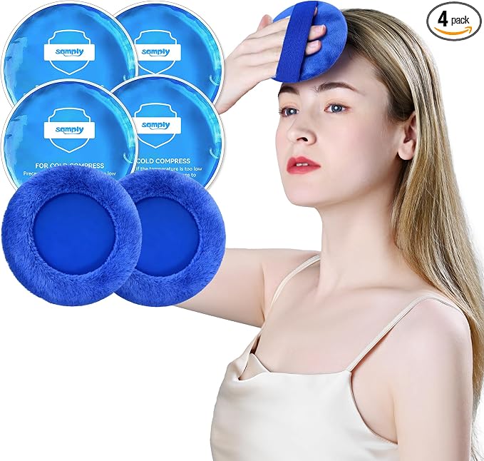 samply Small Gel Ice Packs for Boo Boos, Cold Packs for Injuries Reusable Pain Relief, Headaches and Toothaches,Eyes, Face, 4 Pack Mini Round Ice Packs with 2 Covers for Cold Compress, Dark Blue