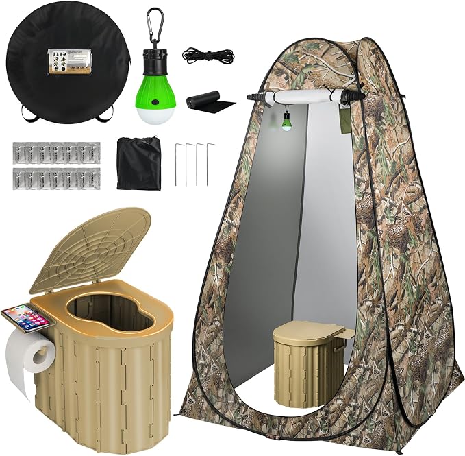 Portable Camping Toilet with Pop-Up Privacy Tent, 12-inch Toilet Seat, Outdoor Portable Folding Toilet Potty for Adults Load Capacity of 400 Lbs, LED-Light Camping Bathroom
