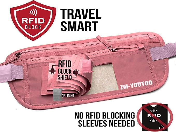 Money Belt for Travel - Hidden Travel Pouch Protect Your Credit and Money With RFID Blocking Passport Holder Waist Wallet (Pink)