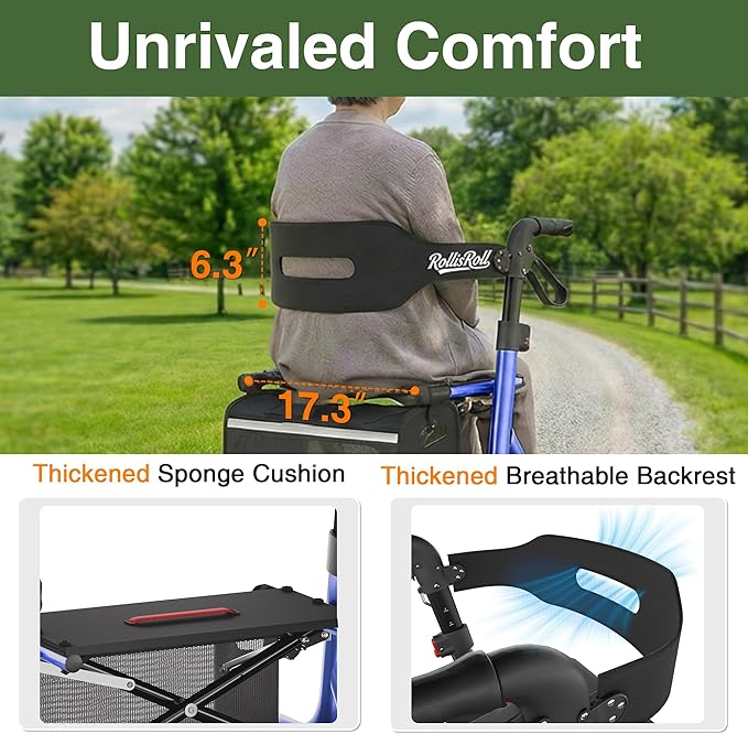 Walkers for Seniors, Rollator Walker with Seat, 12" Big Rubber Wheels All Terrain Rolling Walker with Backrest, Foldable Rollator Walker, Reinforced Aluminum Frame, Built-in Cable, Blue