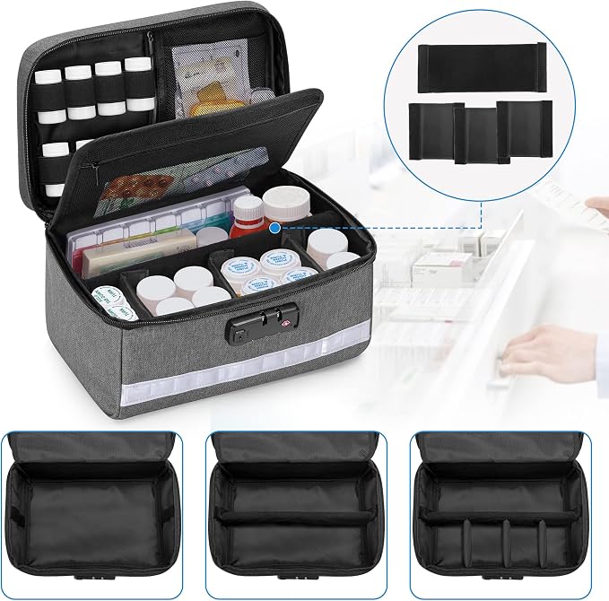 Damero Locking Pill Bottle Organizer with Inner Dividers, Gray | Medicine Storage and Organizer Bag Combination Lock, Medicine Lock Bag for Pill Bottles, Vitamins and Medical Supplies