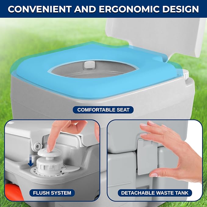 SereneLife Portable Toilet 5.3 Gal Camping Travel Outdoor Flush Toilet Seat | 5.3 Gal waste tank, 50+ flushes, leak-proof odor control, 3-way rinse system, no-splash disposal, durable portable design