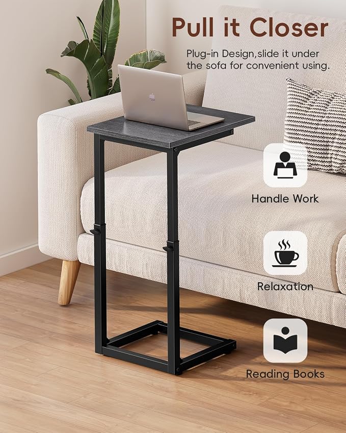C-Shaped End Table, 33" Tall C Table Adjustable Height Side Table, Small Couch Table with Metal Frame, Slide Under Sofa TV Tray for Living Room, Bedroom, Bedside, Small Spaces, Gray Walnut