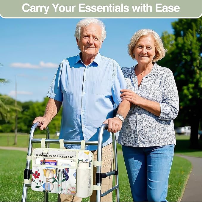 MoKo Walker Bag, Walker Basket with Water Cup Holder, Accessories for Seniors with Multiple Pockets and Zippered Compartment, Storage Pouch for Rolling Folding Walkerm, Beige & Butterfly