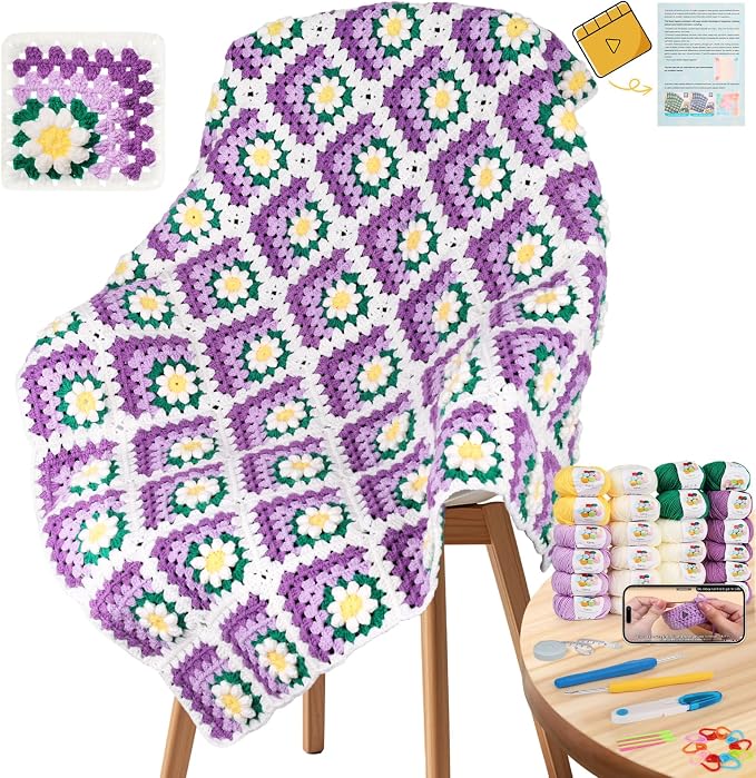 Coopay Crochet Blanket Kit for Beginners, Easy 3D Granny Square Blanket Kit | Crochet Kit W/Video Tutorial & Digital Instructions, All Accessories Included, Easy Knitting to Create Granny Square Blanket