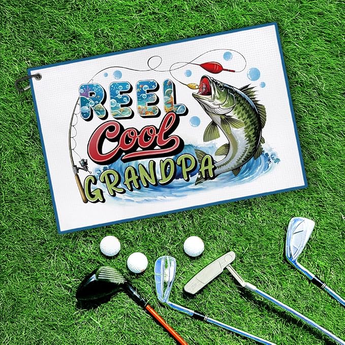 DYJYBMY Reel Cool Grandpa Printed Golf Towel with Clip, Funny Sea Bass Sport Towel for Fishing Lover, Golf Accessories for Dad, Retirement Father's Day Appreciation Gifts for Grandpa Dad Husband Uncle