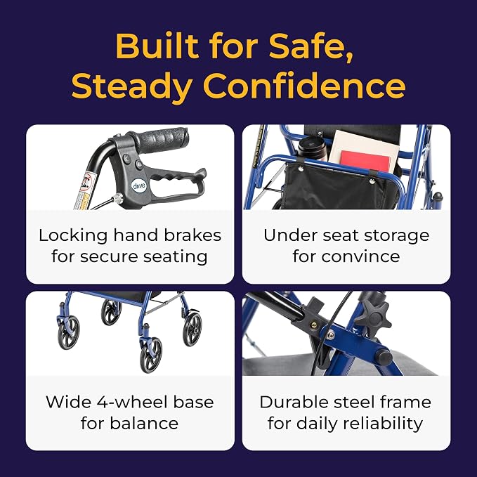 Drive Medical Rollator Walker with Seat, 7.5 Inch Wheels, Blue | Rollator Walker Offers Stable, Height Adjustable Mobility Support with Durable Steel Frame and Wheels