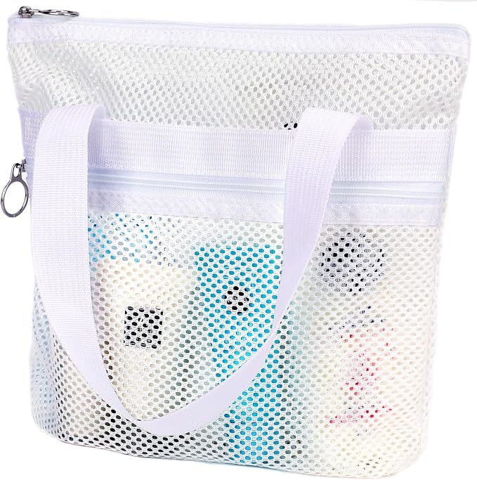 GYEUKHAM Portable Mesh Shower Caddy with 2 Zipper Pockets & Dual Handles, Quick-Drying Hanging Shower Tote for College Dorm, Gym, Travel & Camping, White