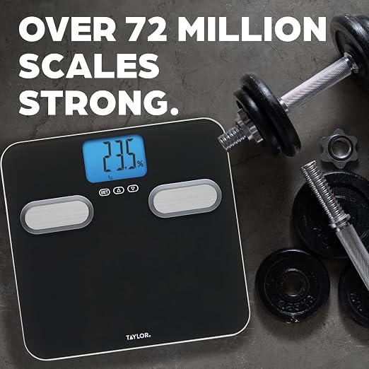 Taylor Smart Body Composition Scale with Precision Hub App, Digital Bathroom Scale for Body Weight, Body Fat, Water, Muscle Mass & BMI, 400 lb Capacity, Backlit Display, Glass Platform, Black