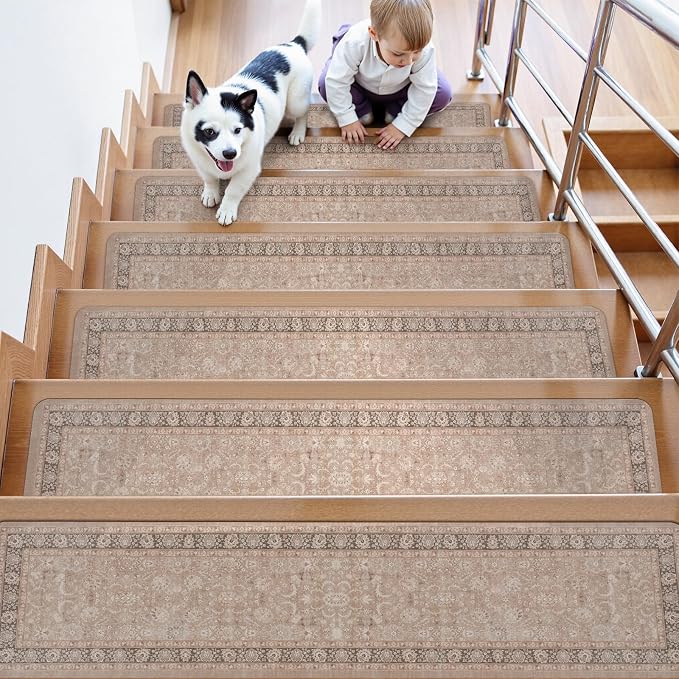 OJIA Vintage Stair Treads for Wooden Steps Indoor 15PCS 30"x8" Stair Runner | Non-Slip Carpet Stair Treads Mats Staircase Step Treads for Kids, Elders and Dogs, Rubber Stair Covers
