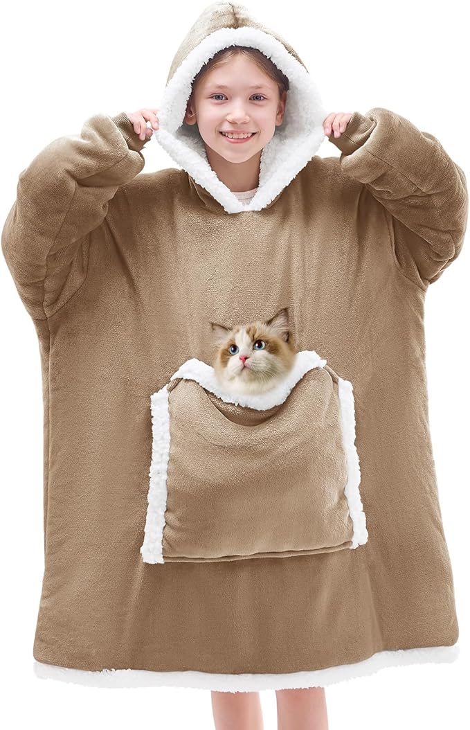 JOYWOO Nude Kids Wearable Blanket Hoodie, Oversized Cat lovers Hoodie Blanket for kids & Teens,Birthday Gifts for Girl Boys,Cozy Fuzzy Sherpa Fleece Blanket Giant Pocket Winter Gifts,Nude