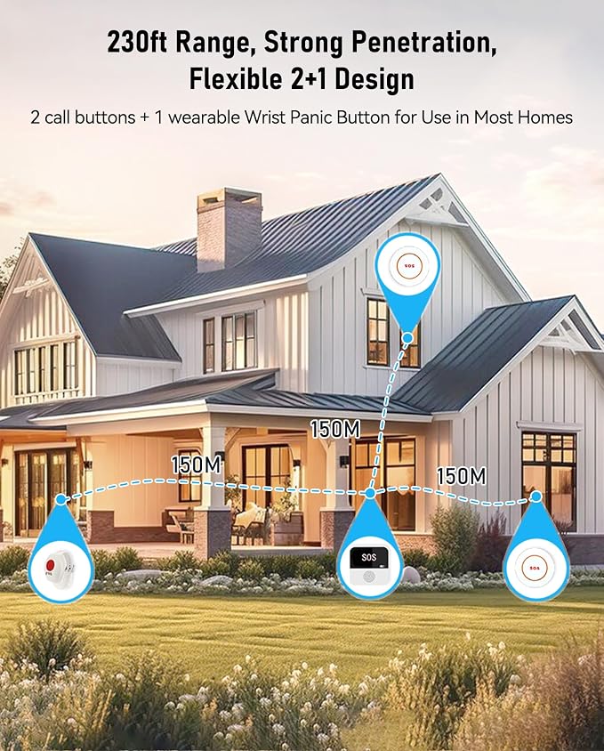 PILSAMAS WiFi Caregiver Pager Wireless Call Button with App Alert, Medical Alert Systems for Seniors No Monthly Fee- 2 Caregiver Call Button + Wristband Panic Button, Alert Button for Seniors at Home