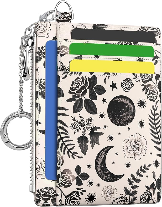 Hancynir Goth Floral Moon Small Wallet Women Credit Card Holder Slim RFID | Zipper Keychain Wallet, Key Chain, Travel Coin Front Pocket, Ladies Women Gifts, Thin Card Case, 6 Card Slots, PU Leather