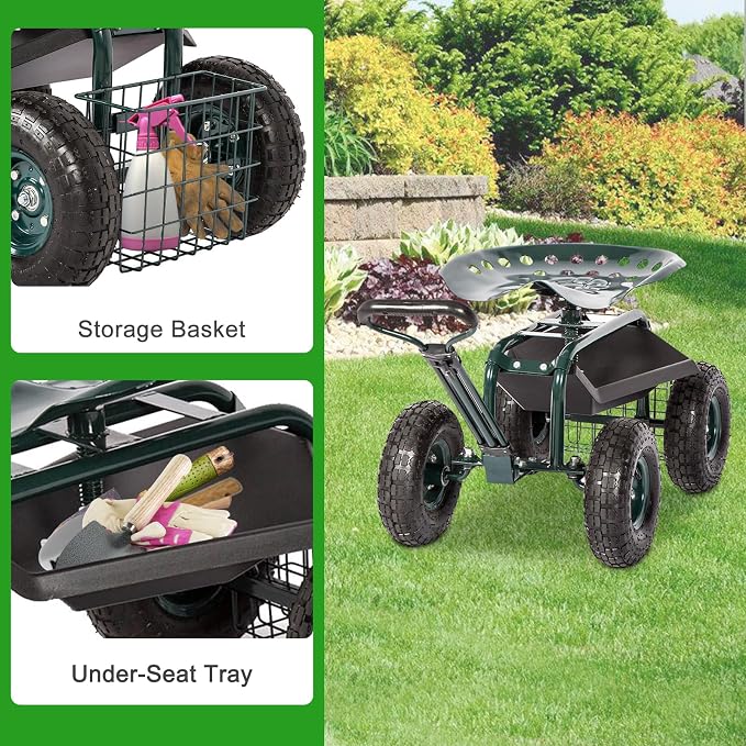 kinbor Rolling Garden Scooter Garden Cart with Tray, 360 Swivel Seat, Green