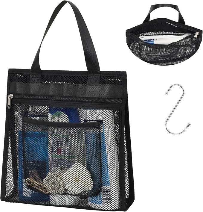 Small Mesh Shower Caddy Portable - Zipper Gym Shower Bag for Travel, Black | 3 Pockets, Quick-Dry Mesh, S-Hook, Hanging Shower Caddy for Toiletry Essentials, Bathroom & Camping