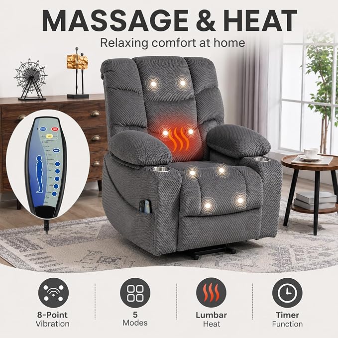 Ultra Wide Power Lift Recliner Chair for Elderly,Rotating Lounge Chair with Hot Massage Heating and Auxiliary Standing Function,Oversized Lazyboy Single Sofa with Cup Holder for Living Room (Grey)