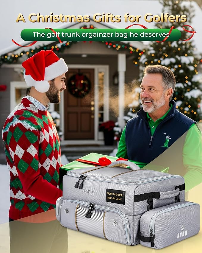 YOREPEK Upgraded Golf Trunk Organizer with Removable Insulated Pouch | Golf Gifts for Men, Golf Organizer with Dust-Proof Protective Layer, Multi-Compartment fit 2 Pairs of Shoes, Golfing Stuff