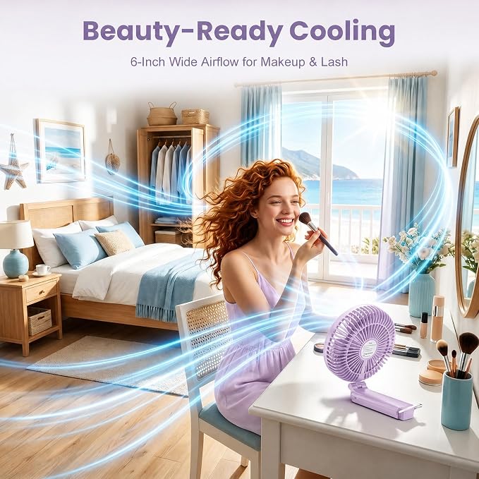 Portable Handheld Fan, 10000mAh Rechargeable 6-Inch Personal Fan for Travel | Ultra Quiet Foldable Desk Fan, 5-Speed Battery Operated Fan with Up to 40H Runtime and Digital Display for Travel and Makeup