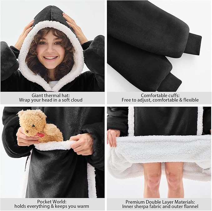 JOYWOO Black Wearable Blanket Hoodie,Oversized Cat Lovers Sweatshirt Blanket for Adult & Teens,Birthday Gifts for Women Men Mom Girl Boys,Cozy Fuzzy Sherpa Sweatshirt Blanket Giant Pocket Gifts,Small